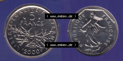 Münzen Frankreich Eurovorläufer, Umlaufmünze vor Euroeinführung 2000, 5 Francs. Vorderseite und Rückseite Nebeneinander einer... Sammlung