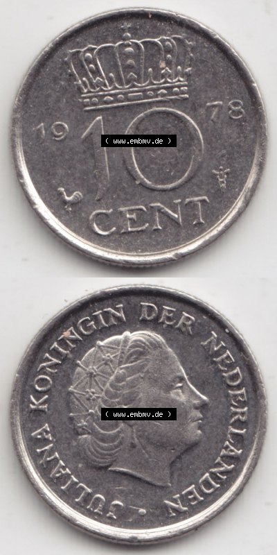 Münzen Niederlande / Netherlands Eurovorläufer, Umlaufmünze vor Euroeinführung 1950-1980, 10 Cent 1978 (4) Sammlung