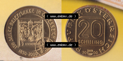Münzen Österreich / Austria Eurovorläufer, Umlaufmünze vor Euroeinführung 2000-2000, 20 Schilling 150 Jahre Briefmarken (3) Sammlung