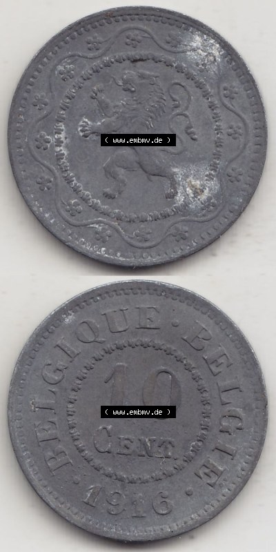 Münzen Belgien Eurovorläufer, Umlaufmünze vor Euroeinführung 1915-1917, 10 Centimes 1916 Belgique - Belgie (4) Sammlung