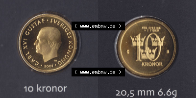 Münzen Schweden / Sverige Eurovorläufer, Umlaufmünze vor Euroeinführung 2001-2009, 10 Kronen 2001 KMS (3) Sammlung