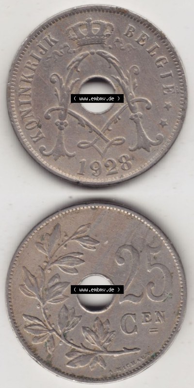 Münzen Belgien Eurovorläufer, Umlaufmünze vor Euroeinführung 1910-1929, 25 Cen, 1928 Centimes Koninkrijk Belgie (4) Sammlung