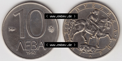 Münzen Bulgarien Eurovorläufer, Umlaufmünze vor Euroeinführung 1992-1992, 10 AEBA Lewa. Vorderseite und Rückseite einer Münze... Sammlung