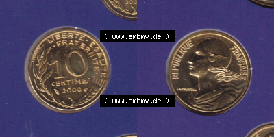 Münzen Frankreich Eurovorläufer, Umlaufmünze vor Euroeinführung 2000, 10 Centimes. Vorderseite und Rückseite Nebeneinander... Sammlung