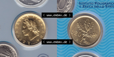 Münzen Italien / Italia Eurovorläufer, Umlaufmünze vor Euroeinführung 1956-2001, 20 Lira-Lire Kleinmünze 2001 (3) Sammlung