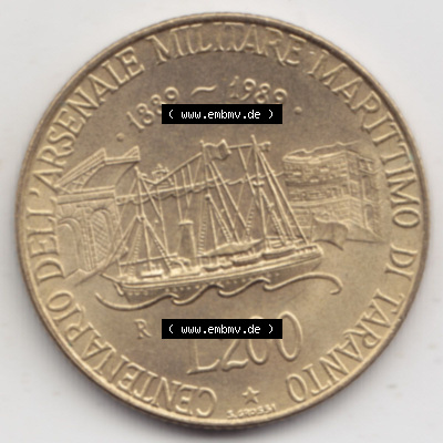Münzen Italien / Italia Eurovorläufer, Umlaufmünze vor Euroeinführung 1989-1989, 200 Lire Marinebasis Tarent (1) Sammlung