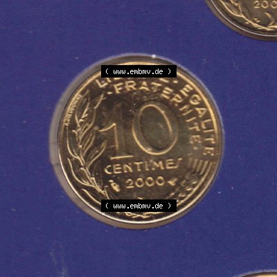 Münzen Frankreich Eurovorläufer, Umlaufmünze vor Euroeinführung 2000, 10 Centimes. Vorderseite einer Münze aus Europa als Digitales Bild / Bildmaterial zum... Sammlung