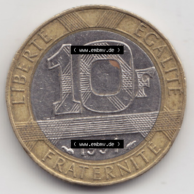 Münzen Frankreich Eurovorläufer, Umlaufmünze vor Euroeinführung 1991, 10 Francs. Vorderseite einer Münze aus Europa als Digitales... Sammlung