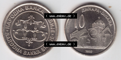 Münzen Serbien Eurovorläufer, Umlaufmünze vor Euroeinführung 2003-2003, 10 Dinara (3) Sammlung