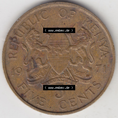 Münzen aus Afrika Kenia / Kenya Umlaufmünze 1969-1978, 5 Cent des Schillings 1971 (1) Sammlung