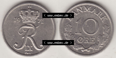 Münzen Dänemark / Danmark Eurovorläufer, Umlaufmünze vor Euroeinführung 1960-1972, 10 Öre 1971 (3) Sammlung