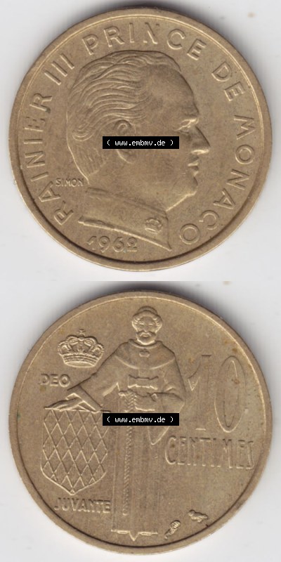 Münzen Monaco / Mu̍negu Eurovorläufer, Umlaufmünze vor Euroeinführung 1962-1995, 10 Centimes 1962 (4) Sammlung