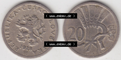 Münzen Tschechoslowakei (Land wurde 1992 aufgelöst), Umlaufmünze 1921-1938, 20 Heller1928 (3) Sammlung