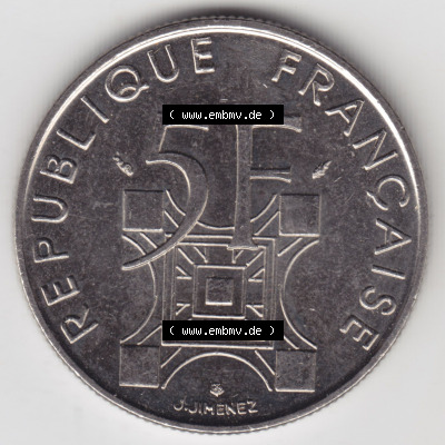 Münzen Frankreich Eurovorläufer, Umlaufmünze vor Euroeinführung 1989-1989, 5 Francs Franken Eiffelturm. Vorderseite einer... Sammlung