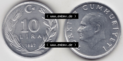 Münzen Türkei / Türkiye Eurovorläufer, Umlaufmünze vor Euroeinführung 1984-1989, 10 Lira - Lire (3) Sammlung