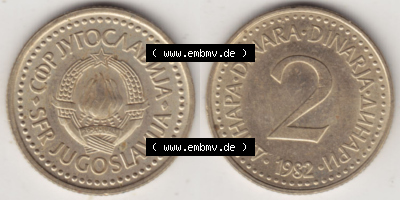 Münzen Jugoslawien (Land wurde 2003 aufgelöst), Umlaufmünze 1982-1986, 2 Dinar 1982 (3) Sammlung