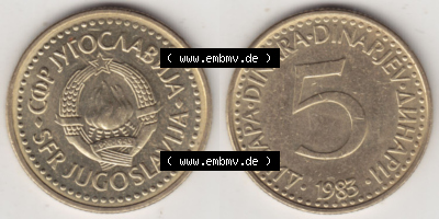 Münzen Jugoslawien (Land wurde 2003 aufgelöst), Umlaufmünze 1982-1986, 5 Dinar 1983 (3) Sammlung