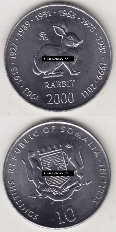 Münzen aus Afrika Somalia, Republik Umlaufmünze 2000-2000, 1 Schilling / Shilling / Scellini Lunar / Chinesische Tierkreiszeichen... Sammlung
