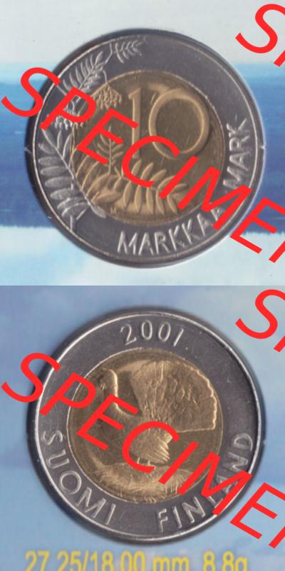 Münzen Finnland / SUOMI Eurovorläufer, Umlaufmünze vor Euroeinführung 2001, 10 Mark, Markkaa. Rückseite und Vorderseite vertikal untereinander für... Sammlung