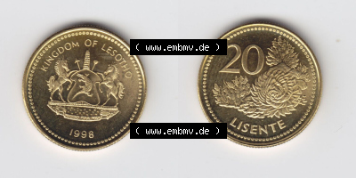 Münzen aus Afrika Lesotho Umlaufmünze 1998-2023, 20 Lisente 1998 (3) Sammlung