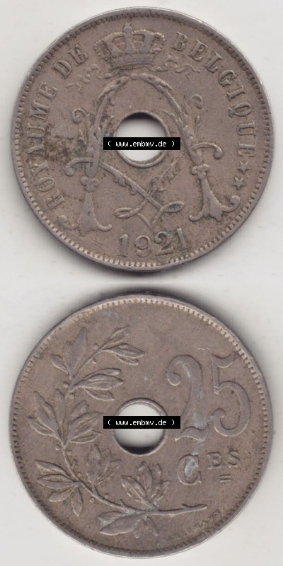 Münzen Belgien Eurovorläufer, Umlaufmünze vor Euroeinführung 1913-1929, 25 Ces, 1921 Centimes Belgique (4) Sammlung