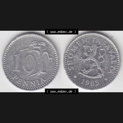 Münzen Finnland / SUOMI Eurovorläufer, Umlaufmünze vor Euroeinführung 1983-1990, 10 Penniä 1985. Rückseite und Vorderseite horizontal nebeneinander... Sammlung