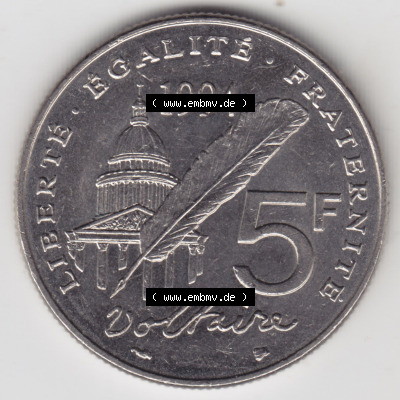 Münzen Frankreich Eurovorläufer, Umlaufmünze vor Euroeinführung 1994-1994, 5 Francs Liberte Egalite Fraternite. Vorderseite... Sammlung