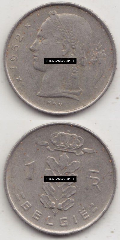 Münzen Belgien Eurovorläufer, Umlaufmünze vor Euroeinführung 1950-1988, 1 Francs-Franken 1952 Belgie (4) Sammlung