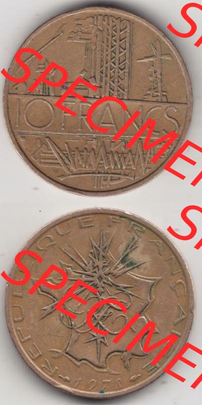 Münzen Frankreich Eurovorläufer, Umlaufmünze vor Euroeinführung 1974-1987, 10 Franken-Francs 1978 III.. Vorderseite und Rückseite Vertikal Untereinander,... Sammlung