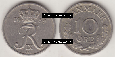 Münzen Dänemark / Danmark Eurovorläufer, Umlaufmünze vor Euroeinführung 1960-1972, 10 Öre 1969 (3) Sammlung