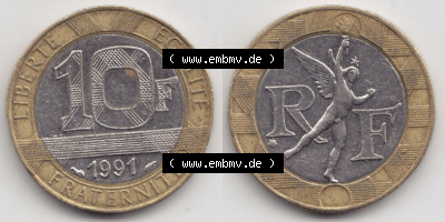 Münzen Frankreich Eurovorläufer, Umlaufmünze vor Euroeinführung 1991, 10 Francs. Vorderseite und Rückseite Nebeneinander... Sammlung