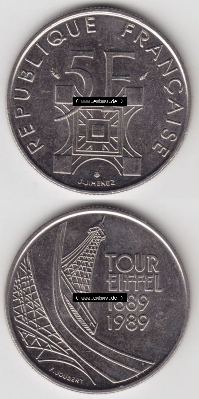 Münzen Frankreich Eurovorläufer, Umlaufmünze vor Euroeinführung 1989-1989, 5 Francs Franken Eiffelturm. Vorderseite und Rückseite... Sammlung