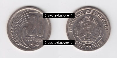 Münzen Bulgarien Eurovorläufer, Umlaufmünze vor Euroeinführung 1954, 20 CTOTNHKN Stotinki. Vorderseite und Rückseite einer... Sammlung