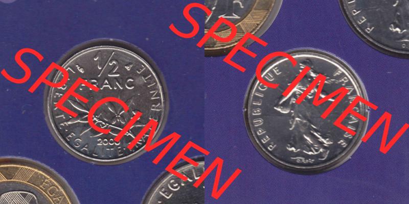 Münzen Frankreich Eurovorläufer, Umlaufmünze vor Euroeinführung 2000, 1/2 Francs. Vorderseite und Rückseite Nebeneinander einer Münze aus Europa als... Sammlung