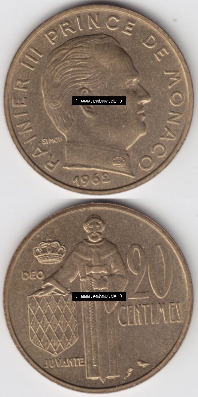 Münzen Monaco / Mu̍negu Eurovorläufer, Umlaufmünze vor Euroeinführung 1962-1995, 20 Centimes 1962 (4) Sammlung