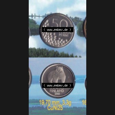 Münzen Finnland / SUOMI Eurovorläufer, Umlaufmünze vor Euroeinführung 2001, 50 Penni, Penniä. Rückseite und Vorderseite vertikal untereinander... Sammlung