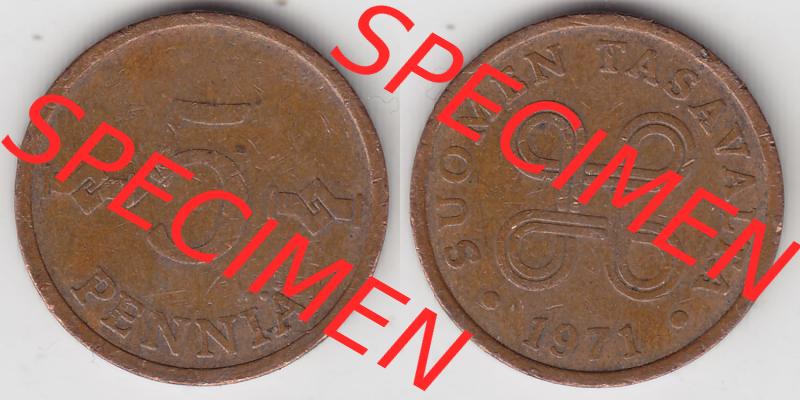 Münzen Finnland / SUOMI Eurovorläufer, Umlaufmünze vor Euroeinführung 1963-1977, 5 Penniä. Rückseite und Vorderseite horizontal nebeneinander zusammengefügt,... Sammlung