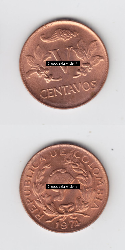 Münzen aus Amerika Kolumbien / Columbia Umlaufmünze 1974, 5 V Centavos (4) Sammlung