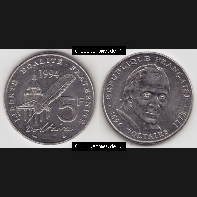 Münzen Frankreich Eurovorläufer, Umlaufmünze vor Euroeinführung 1994-1994, 5 Francs Liberte Egalite Fraternite. Vorderseite und Rückseite Nebeneinander einer... Sammlung