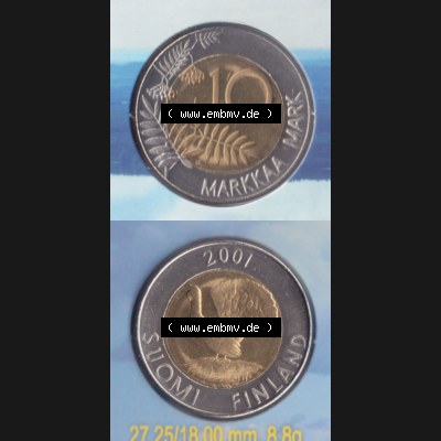 Münzen Finnland / SUOMI Eurovorläufer, Umlaufmünze vor Euroeinführung 2001, 10 Mark, Markkaa. Rückseite und Vorderseite vertikal untereinander für... Sammlung