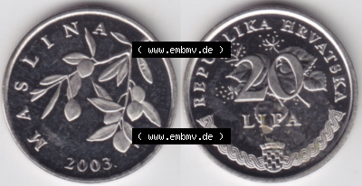 Münzen Kroatien Eurovorläufer, Umlaufmünze vor Euroeinführung 1993-2021, 20 Lipa 2003 (3) Sammlung
