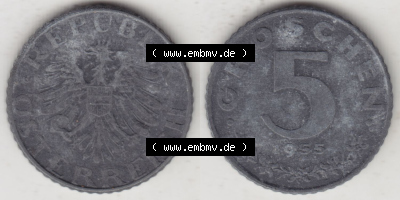 Münzen Österreich / Austria Eurovorläufer, Umlaufmünze vor Euroeinführung 1948-1994, 5 Groschen 1955 (3) Sammlung