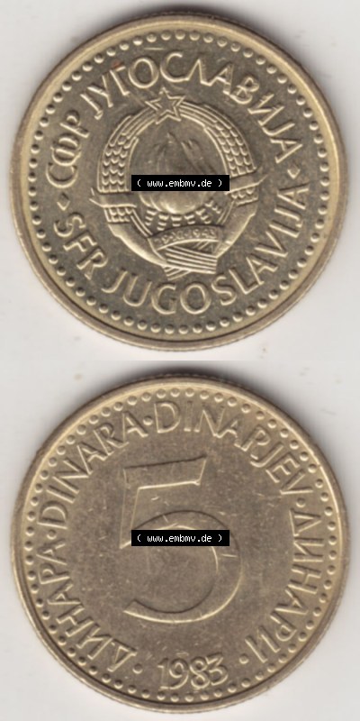 Münzen Jugoslawien (Land wurde 2003 aufgelöst), Umlaufmünze 1982-1986, 5 Dinar 1983 (4) Sammlung