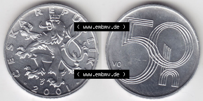 Münzen Tschechische Republik / Tschechin Eurovorläufer, Umlaufmünze vor Euroeinführung 1993-2009, 50 h, 50 Heller 2001 (3) Sammlung