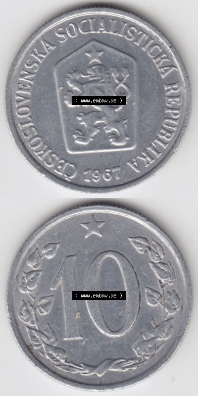 Münzen Tschechoslowakei (Land wurde 1992 aufgelöst), Umlaufmünze 1961-1971, 10 h, Haleru, Heller 1967 (4) Sammlung