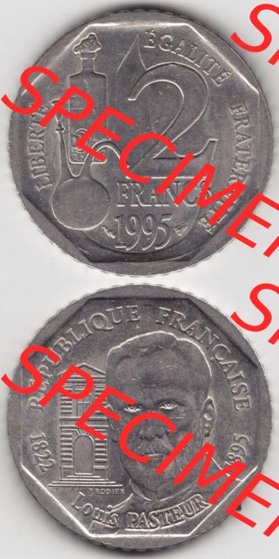 Münzen Frankreich Eurovorläufer, Umlaufmünze vor Euroeinführung 1995-1995, 2 France Louis Rasteur. Vorderseite und Rückseite Vertikal Untereinander, passend... Sammlung