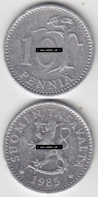 Münzen Finnland / SUOMI Eurovorläufer, Umlaufmünze vor Euroeinführung 1983-1990, 10 Penniä 1985. Rückseite und Vorderseite... Sammlung