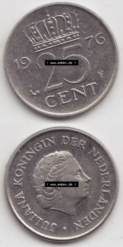 Münzen Niederlande / Netherlands Eurovorläufer, Umlaufmünze vor Euroeinführung 1950-1980, 25 Cent 1976 (4) Sammlung
