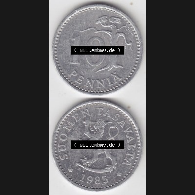 Münzen Finnland / SUOMI Eurovorläufer, Umlaufmünze vor Euroeinführung 1983-1990, 10 Penniä 1985. Rückseite und Vorderseite vertikal untereinander für... Sammlung