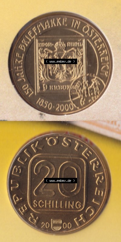 Münzen Österreich / Austria Eurovorläufer, Umlaufmünze vor Euroeinführung 2000-2000, 20 Schilling 150 Jahre Briefmarken (4) Sammlung